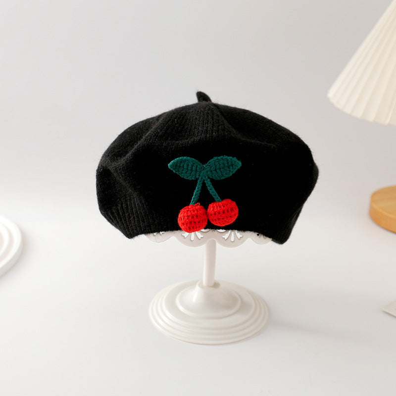 Winter Warm Woolen Crochet Bonnet, Cute Cherry Baby Knit Beret, Toddler Artist Painter Cap, Kids Beanies