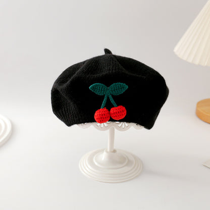 Winter Warm Woolen Crochet Bonnet, Cute Cherry Baby Knit Beret, Toddler Artist Painter Cap, Kids Beanies