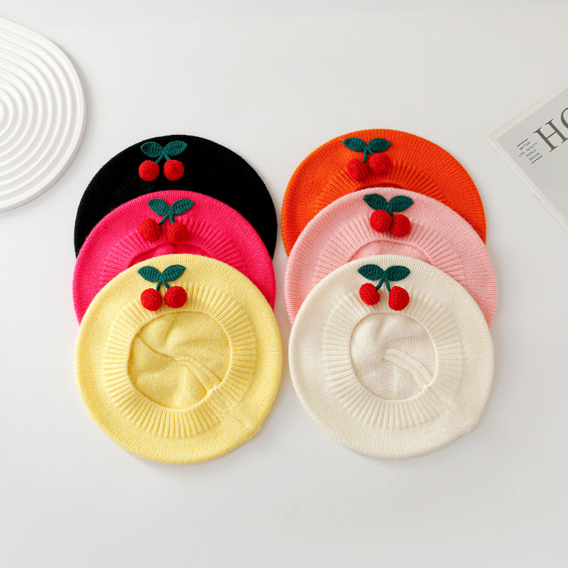 Winter Warm Woolen Crochet Bonnet, Cute Cherry Baby Knit Beret, Toddler Artist Painter Cap, Kids Beanies