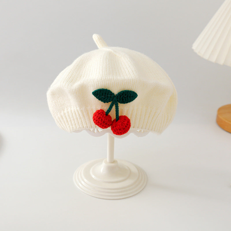 Winter Warm Woolen Crochet Bonnet, Cute Cherry Baby Knit Beret, Toddler Artist Painter Cap, Kids Beanies