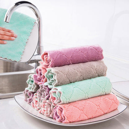 Super Absorbent Double-layer Microfiber Towel, Coral Fleece Non-stick Oil Dishcloths for Cleaning