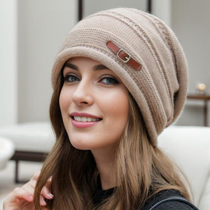 Fleece Lined Women's Knit Beanie Hat, Autumn Winter Warm, Large Size Full Coverage Stackable Design