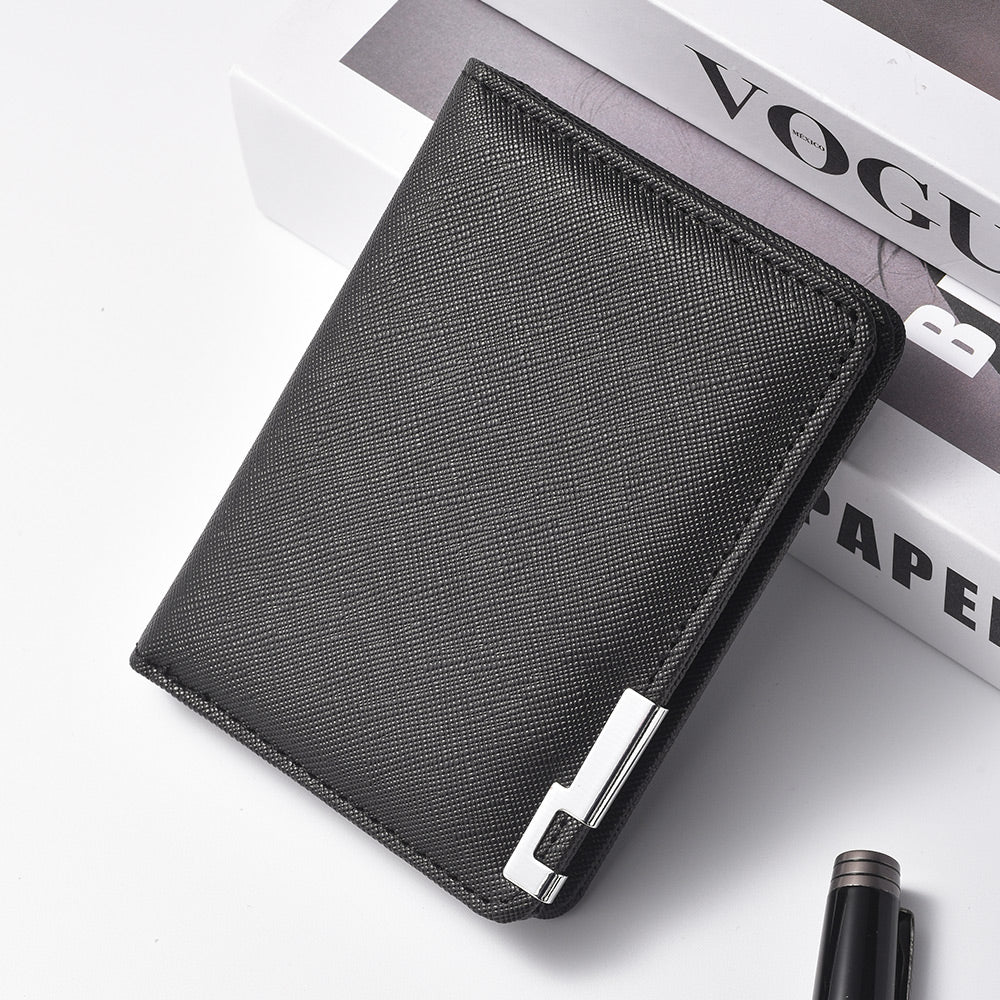 Slim Business-Style Wallet in Black Faux Leather with Geometric Pattern, Multiple Card Slots