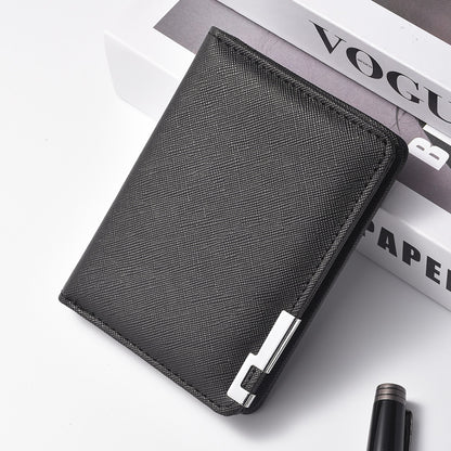 Slim Business-Style Wallet in Black Faux Leather with Geometric Pattern, Multiple Card Slots