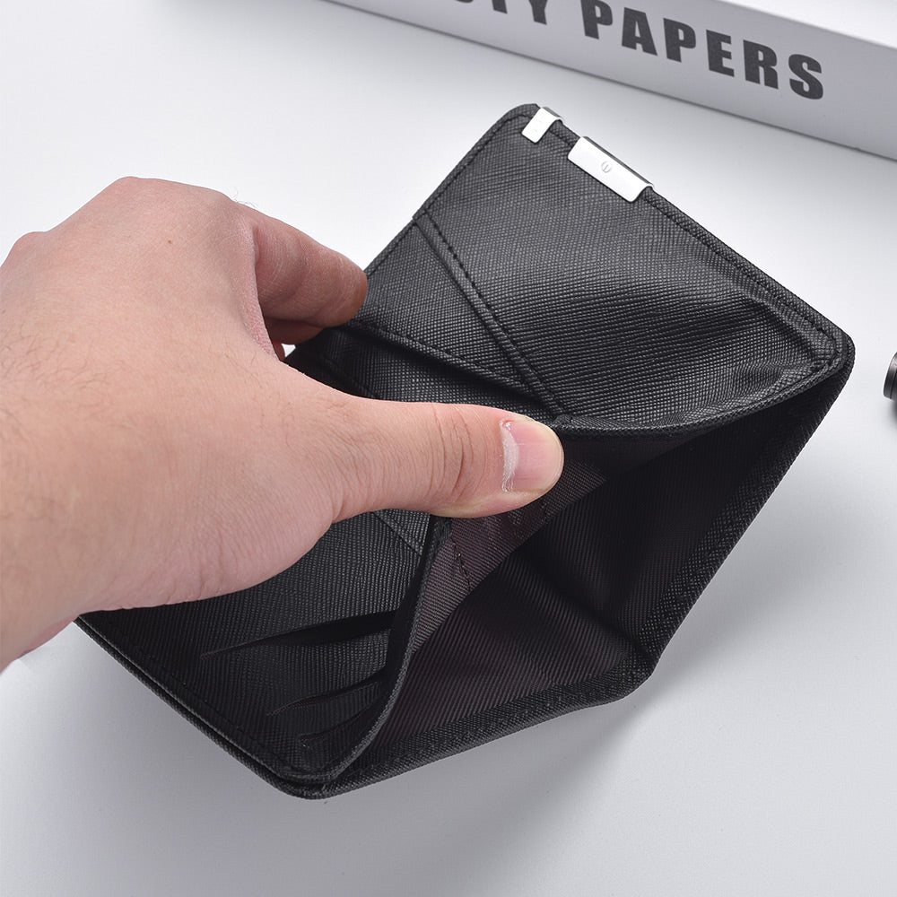 Slim Business-Style Wallet in Black Faux Leather with Geometric Pattern, Multiple Card Slots