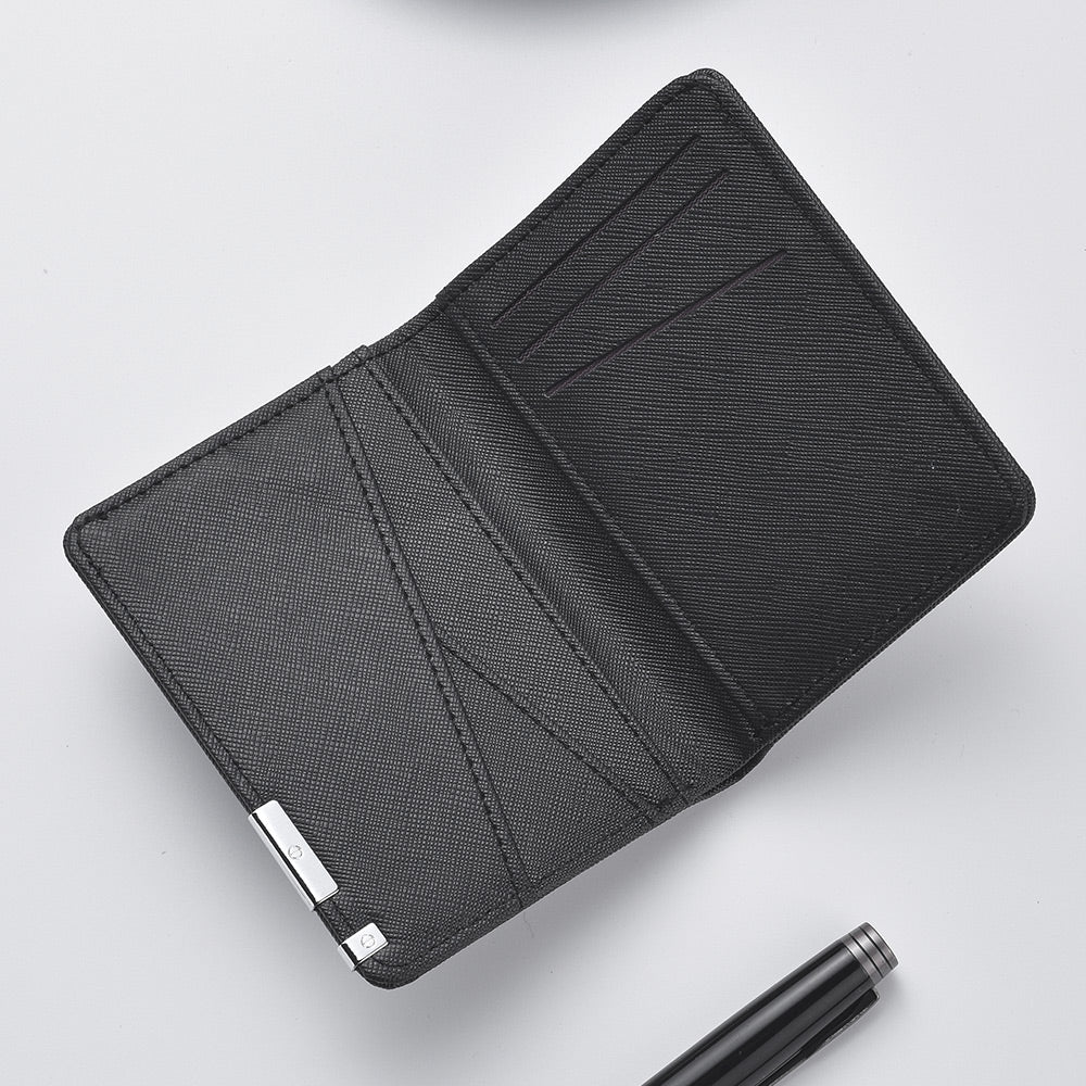 Slim Business-Style Wallet in Black Faux Leather with Geometric Pattern, Multiple Card Slots