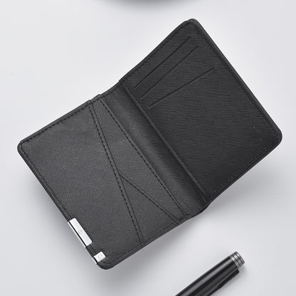 Slim Business-Style Wallet in Black Faux Leather with Geometric Pattern, Multiple Card Slots