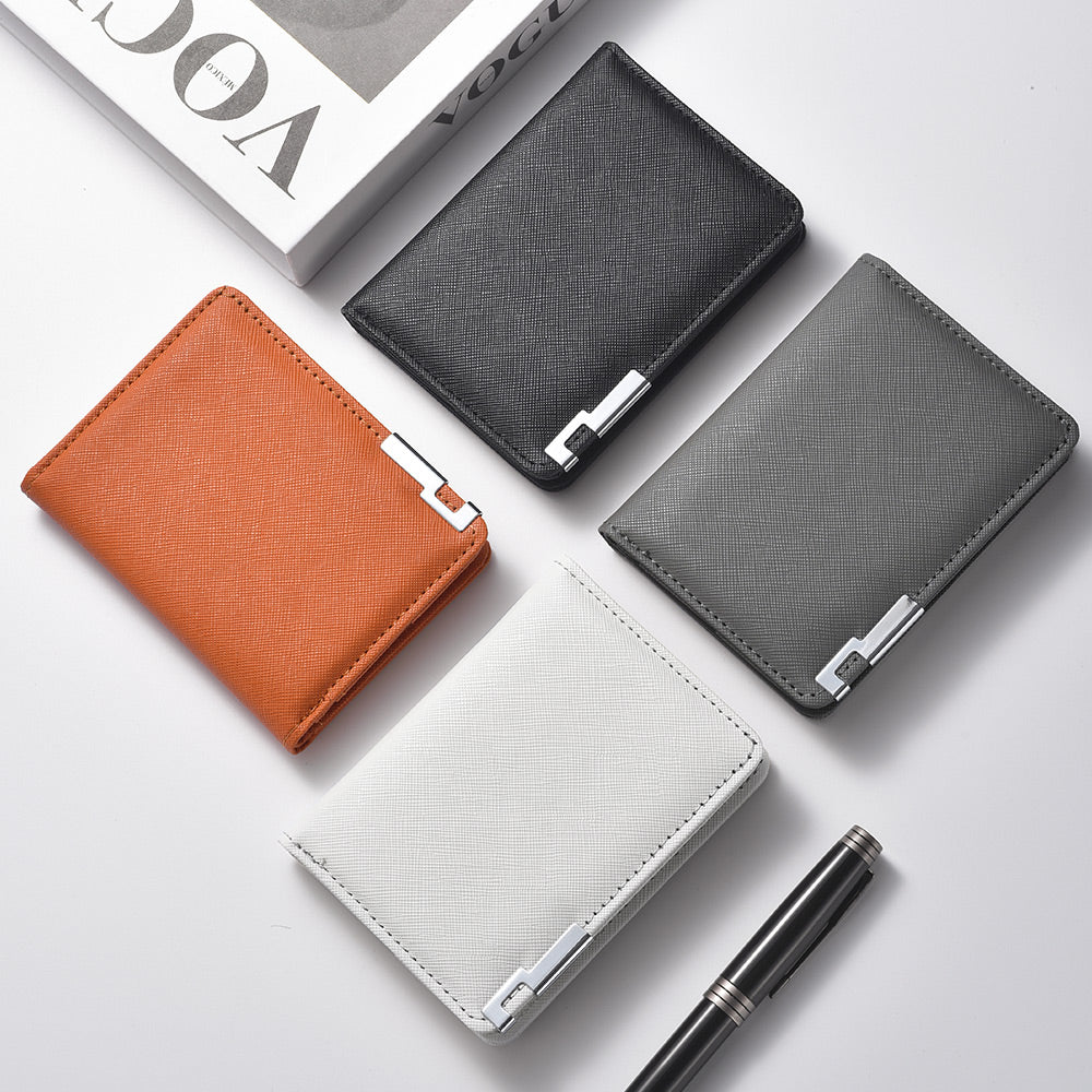 Slim Business-Style Wallet in Black Faux Leather with Geometric Pattern, Multiple Card Slots