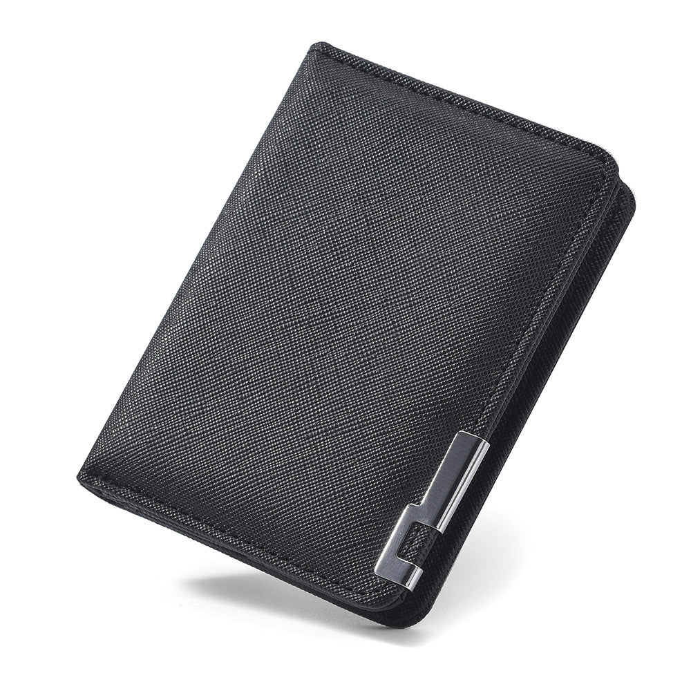 Slim Business-Style Wallet in Black Faux Leather with Geometric Pattern, Multiple Card Slots