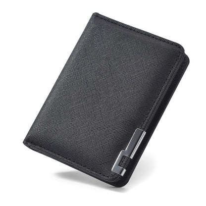 Slim Business-Style Wallet in Black Faux Leather with Geometric Pattern, Multiple Card Slots