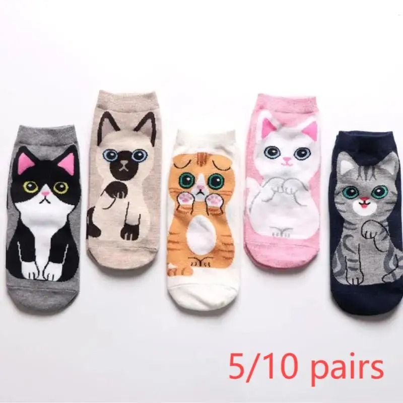 Womens Cartoon Cat Ankle Socks – Breathable Everyday Comfort Set (5 or 10 Pairs)