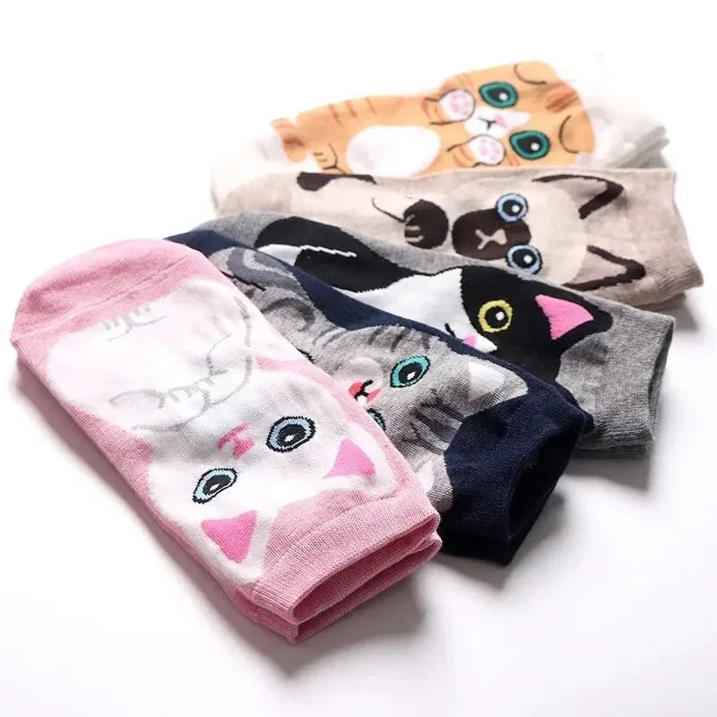 Womens Cartoon Cat Ankle Socks  Breathable Everyday Comfort Set 5 Or 10 Pairs 1