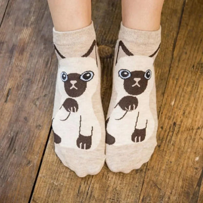 Womens Cartoon Cat Ankle Socks  Breathable Everyday Comfort Set 5 Or 10 Pairs 4