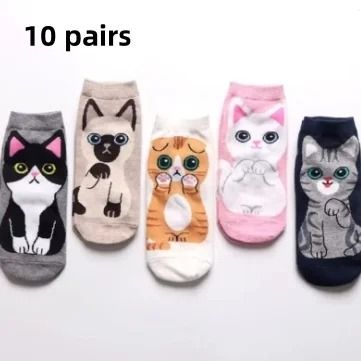 Womens Cartoon Cat Ankle Socks  Breathable Everyday Comfort Set 5 Or 10 Pairs 7
