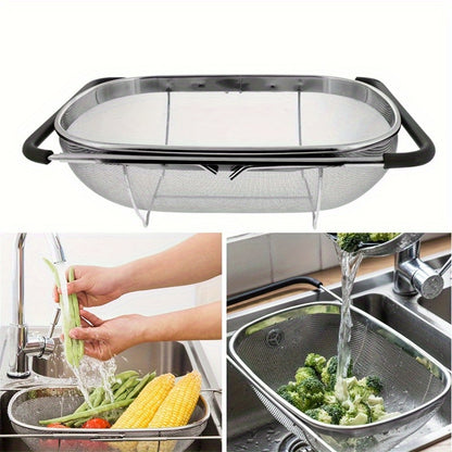 Stainless Steel Over Sink Colander with Telescopic Handle, Metal Mesh Strainer Basket for Fruits & Vegetables