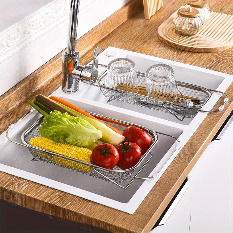 Stainless Steel Over Sink Colander With Telescopic Handle Metal Mesh Strainer Basket For Fruits  Ve 1