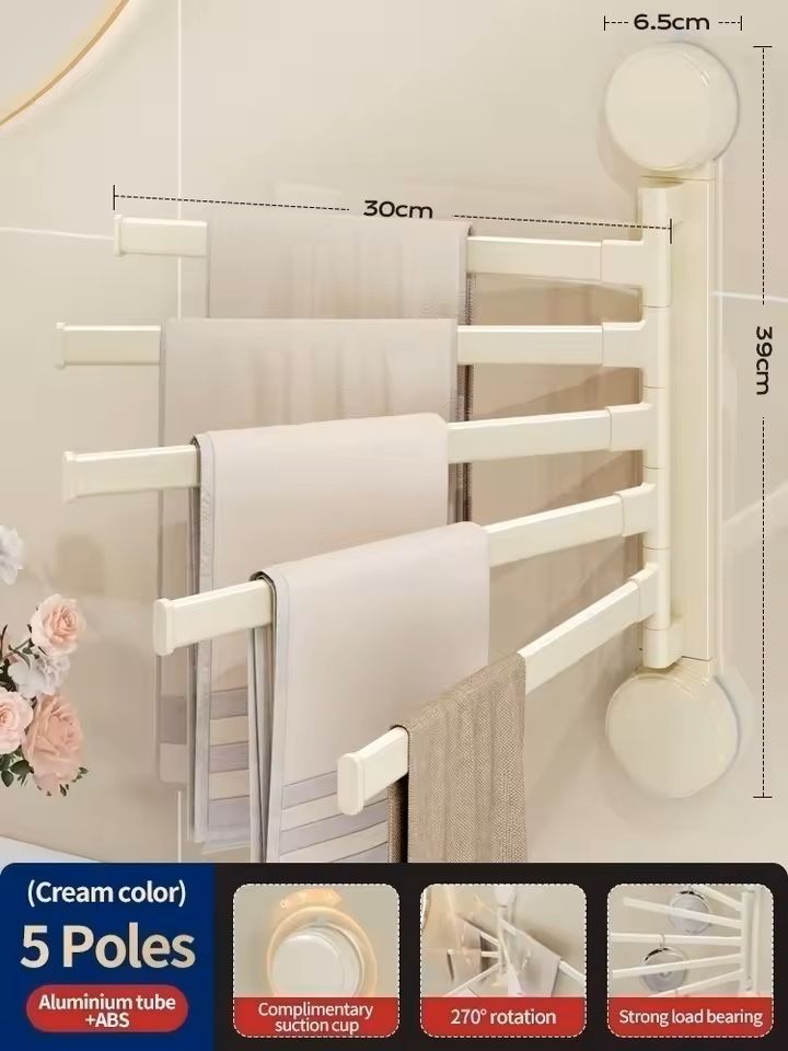 Rotating SuctionCup Towel Rack NoDrill WallMounted Bathroom  Kitchen Organizer 4