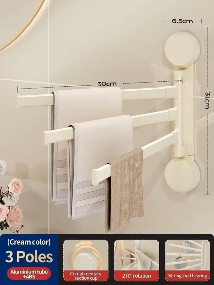 Rotating SuctionCup Towel Rack NoDrill WallMounted Bathroom  Kitchen Organizer 5