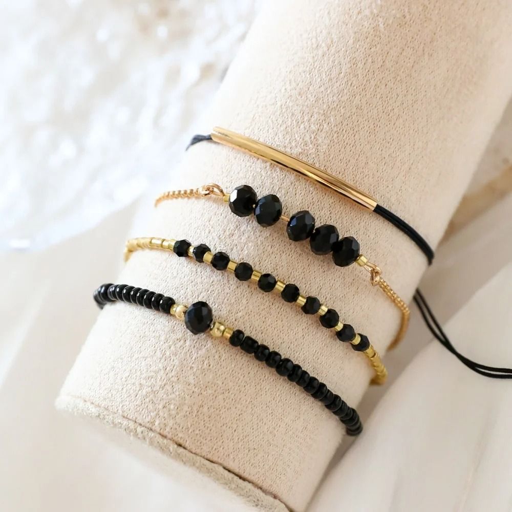 4 Piece Black Glass Stone Bracelet Set 1