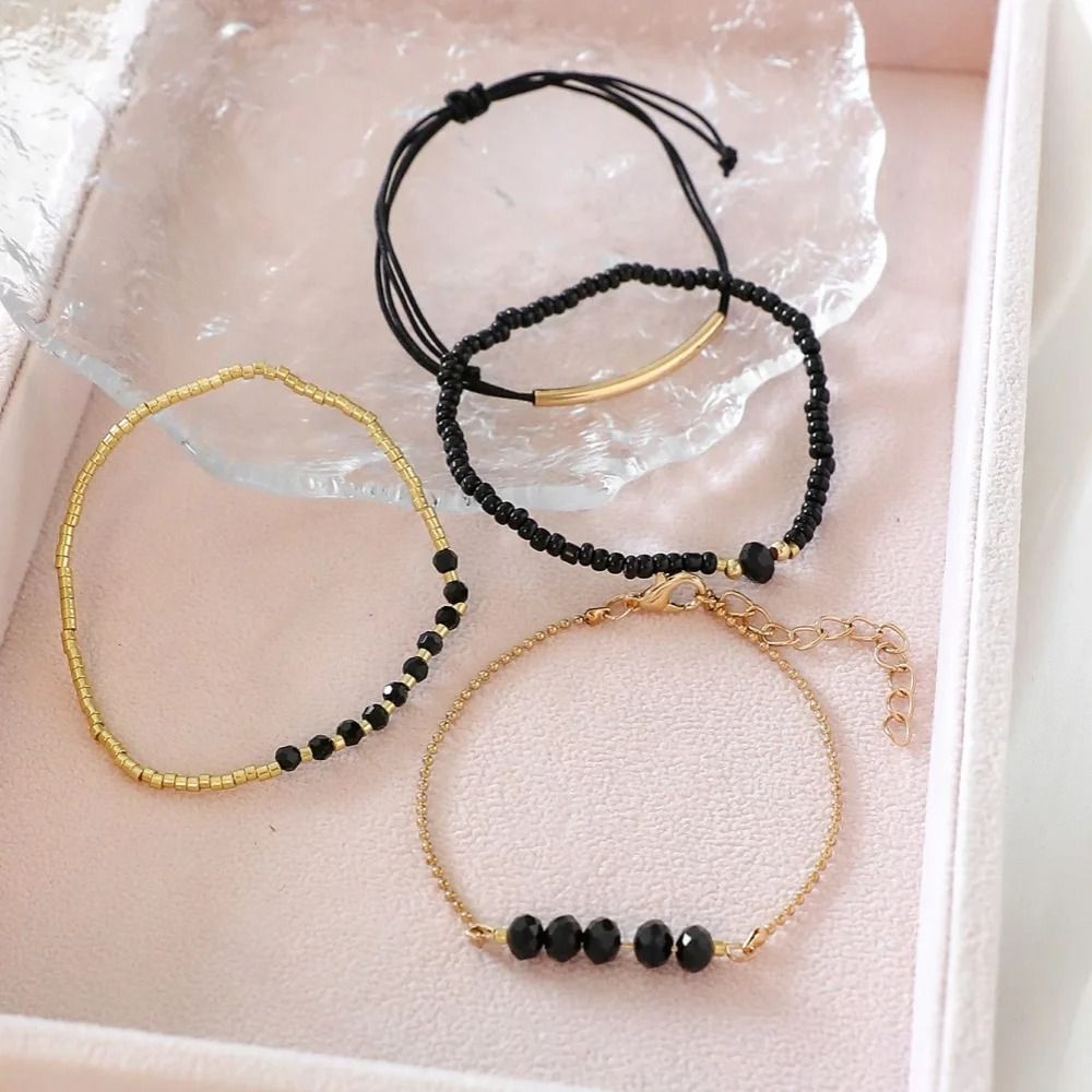 4 Piece Black Glass Stone Bracelet Set 4