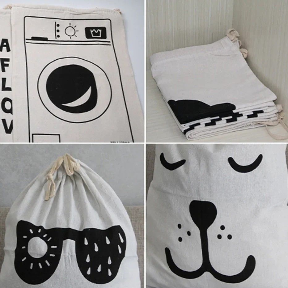 Large Cotton And Linen Laundry Bag Clothes And Toys Storage Bag Printed Fabric Drawstring Duffle Or 3