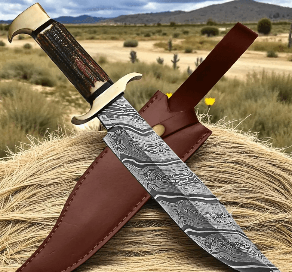 Snake Damascus Bowie Knife | Deer Horn Handle | Handmade Full Tang Hunting & Survival Knife with Leather Sheath