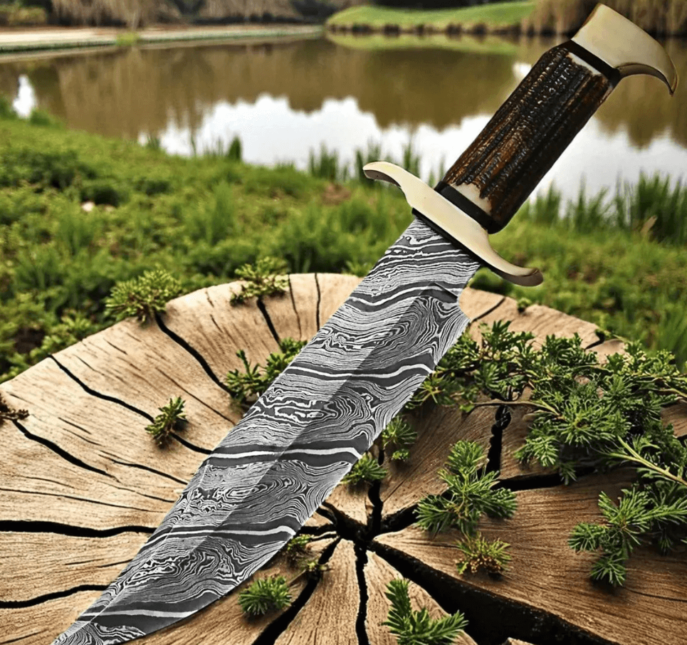 Snake Damascus Bowie Knife  Deer Horn Handle  Handmade Full Tang Hunting  Survival Knife With Leath 2