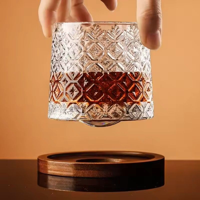 Rotating Whisky Glass With Bamboo Coaster  Spinning Cocktail Glass For Whiskey Scotch Bourbon Wine 4