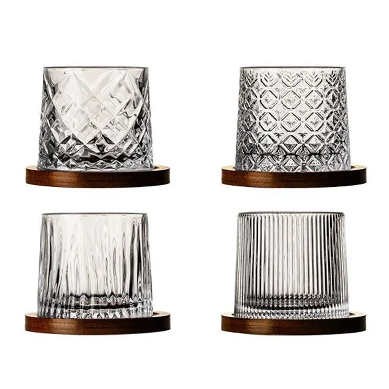 Rotating Whisky Glass With Bamboo Coaster  Spinning Cocktail Glass For Whiskey Scotch Bourbon Wine 1