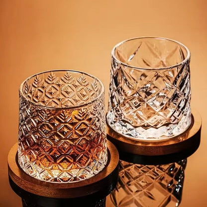 Rotating Whisky Glass with Bamboo Coaster – Spinning Cocktail Glass for Whiskey Scotch Bourbon Wine