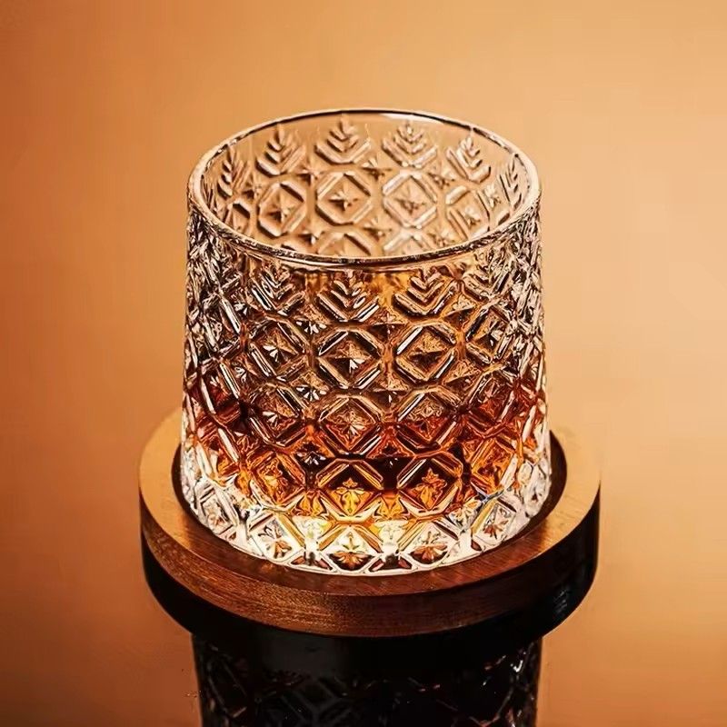 Rotating Whisky Glass With Bamboo Coaster  Spinning Cocktail Glass For Whiskey Scotch Bourbon Wine 6