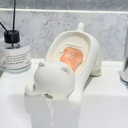Cute Cat Shaped Drainable Soap and Sponge Holder Tray for Bathroom Kitchen