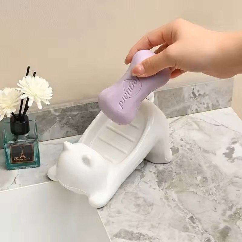 Cute Cat Shaped Drainable Soap And Sponge Holder Tray For Bathroom Kitchen 1