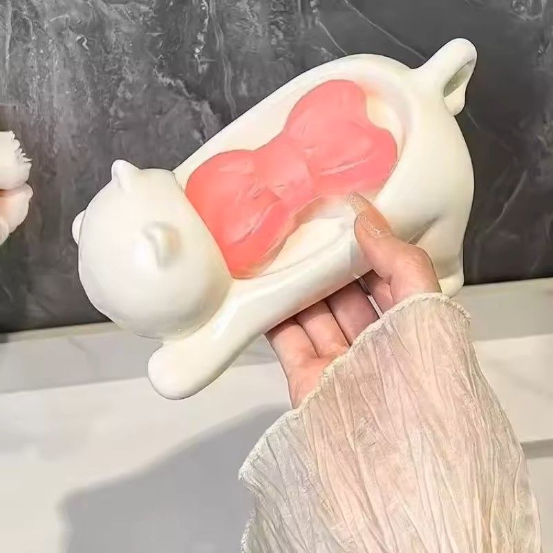 Cute Cat Shaped Drainable Soap And Sponge Holder Tray For Bathroom Kitchen 3