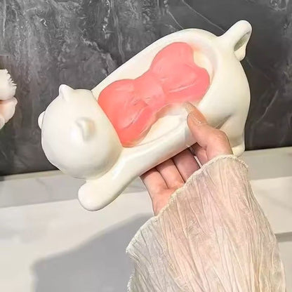 Cute Cat Shaped Drainable Soap And Sponge Holder Tray For Bathroom Kitchen 3
