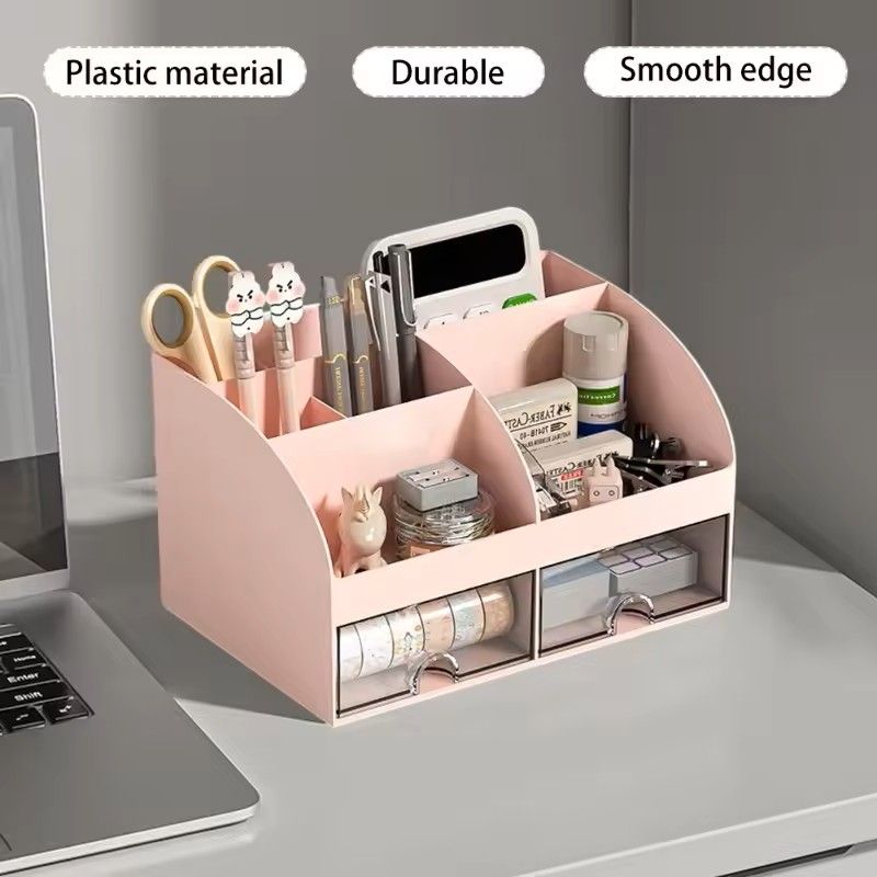 Desktop Storage Box Organizer With 6 Compartments And 2 Drawers  Desk Stationery And Makeup Storage 7