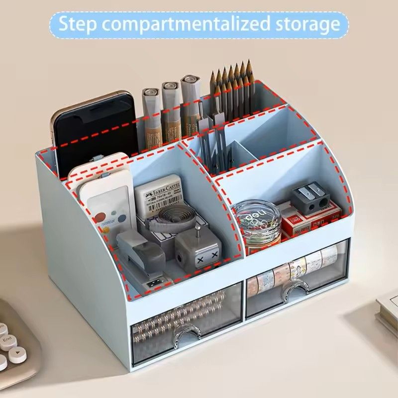 Desktop Storage Box Organizer With 6 Compartments And 2 Drawers  Desk Stationery And Makeup Storage 8