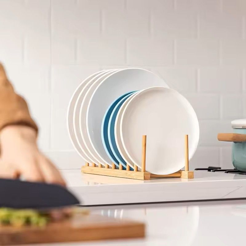 Bamboo Dish Drying Rack With Drainboard  Wooden Plate Bowl Cup Organizer For Kitchen Counter 5