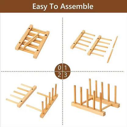 Bamboo Dish Drying Rack With Drainboard  Wooden Plate Bowl Cup Organizer For Kitchen Counter 3