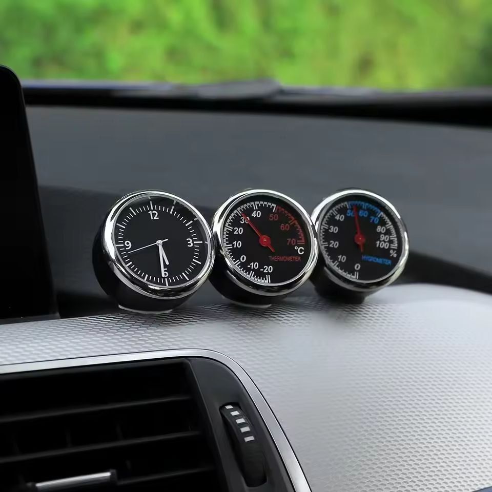 Compact Air-Vent Car Clock & Thermometer - Mini Quartz Clock and Hygrometer Gauge