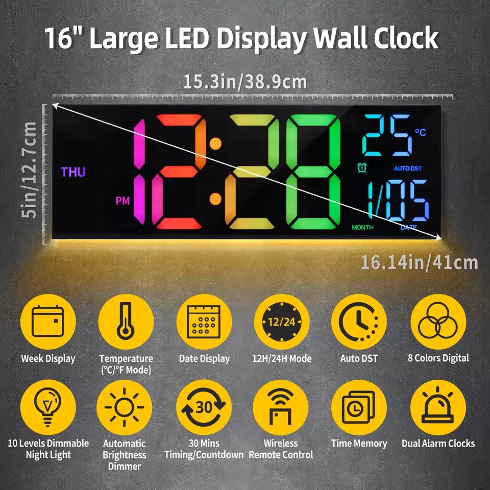 Large LED Digital Wall Clock  16 Inches Big Display With Remote 8 RGB Colors Alarm  Temperature 3
