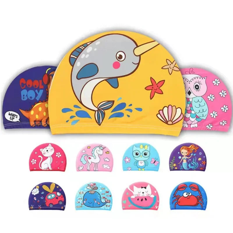 Waterproof Cute Cartoon Swimming Cap, Ear Protection for Kids, Boys and Girls Pool Sun Hat