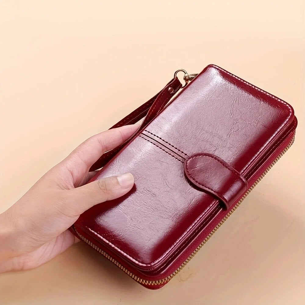 PU Leather Clutch Wallet for Women, Vintage Oil Wax, Large Capacity Pouch Ladies Wristband Simple Card Holder Pouch Bag