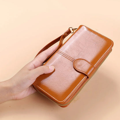 PU Leather Clutch Wallet for Women, Vintage Oil Wax, Large Capacity Pouch Ladies Wristband Simple Card Holder Pouch Bag