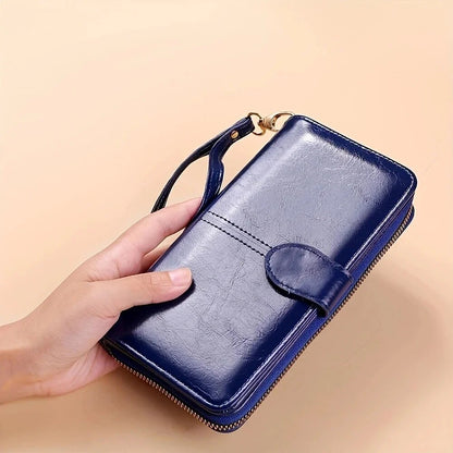 PU Leather Clutch Wallet for Women, Vintage Oil Wax, Large Capacity Pouch Ladies Wristband Simple Card Holder Pouch Bag