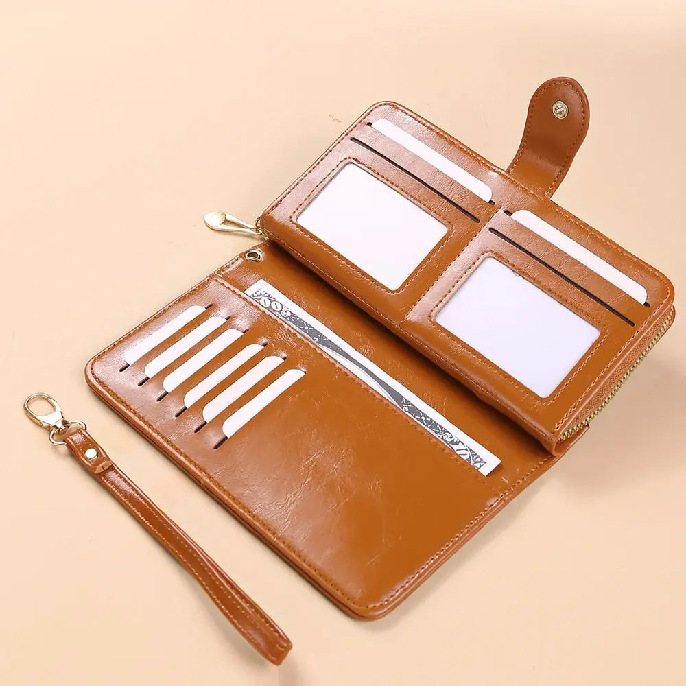 PU Leather Clutch Wallet for Women, Vintage Oil Wax, Large Capacity Pouch Ladies Wristband Simple Card Holder Pouch Bag