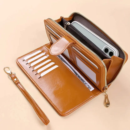 PU Leather Clutch Wallet for Women, Vintage Oil Wax, Large Capacity Pouch Ladies Wristband Simple Card Holder Pouch Bag