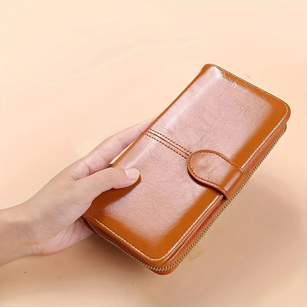 PU Leather Clutch Wallet for Women, Vintage Oil Wax, Large Capacity Pouch Ladies Wristband Simple Card Holder Pouch Bag