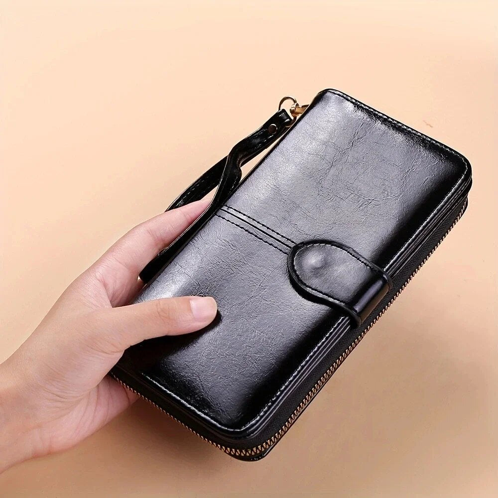 PU Leather Clutch Wallet for Women, Vintage Oil Wax, Large Capacity Pouch Ladies Wristband Simple Card Holder Pouch Bag