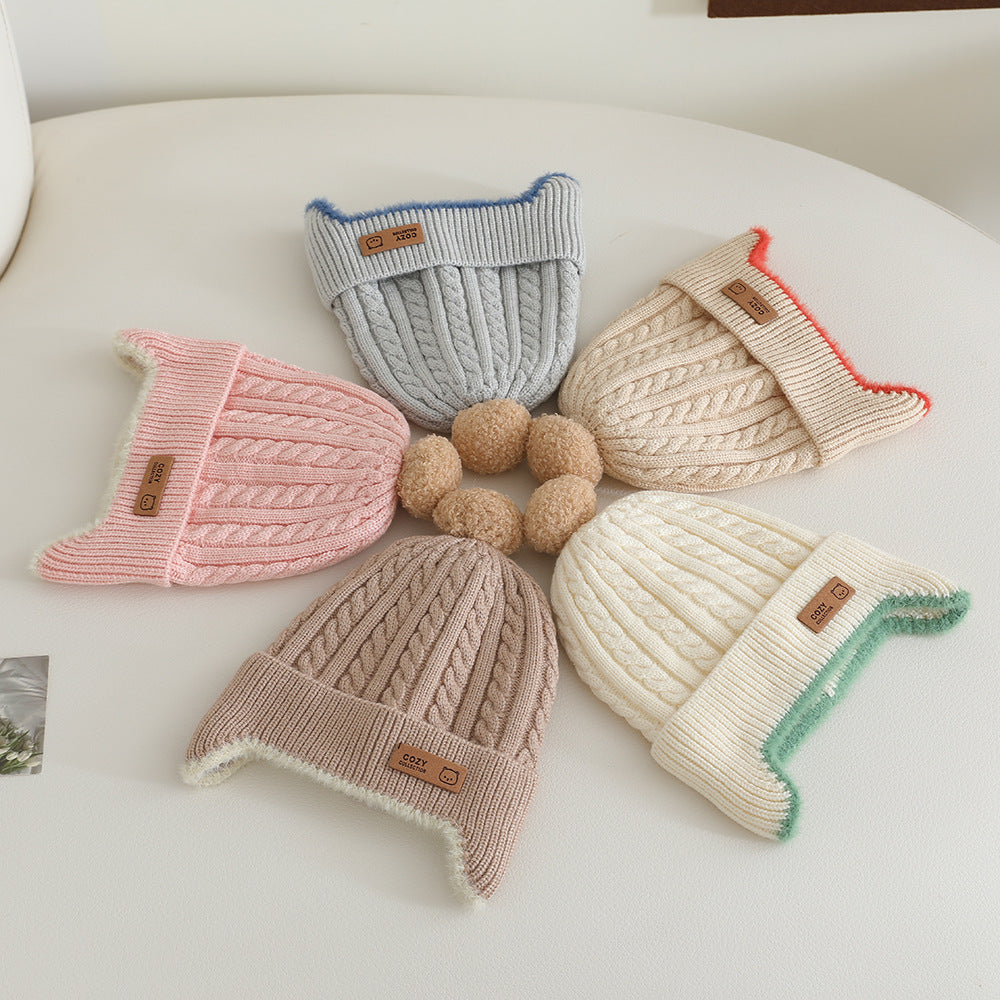 Windproof Toddler Girls Knitted Hat Cute Pompom Infant Ear Protection Cap Baby Boy Earmuffs Beanie 2